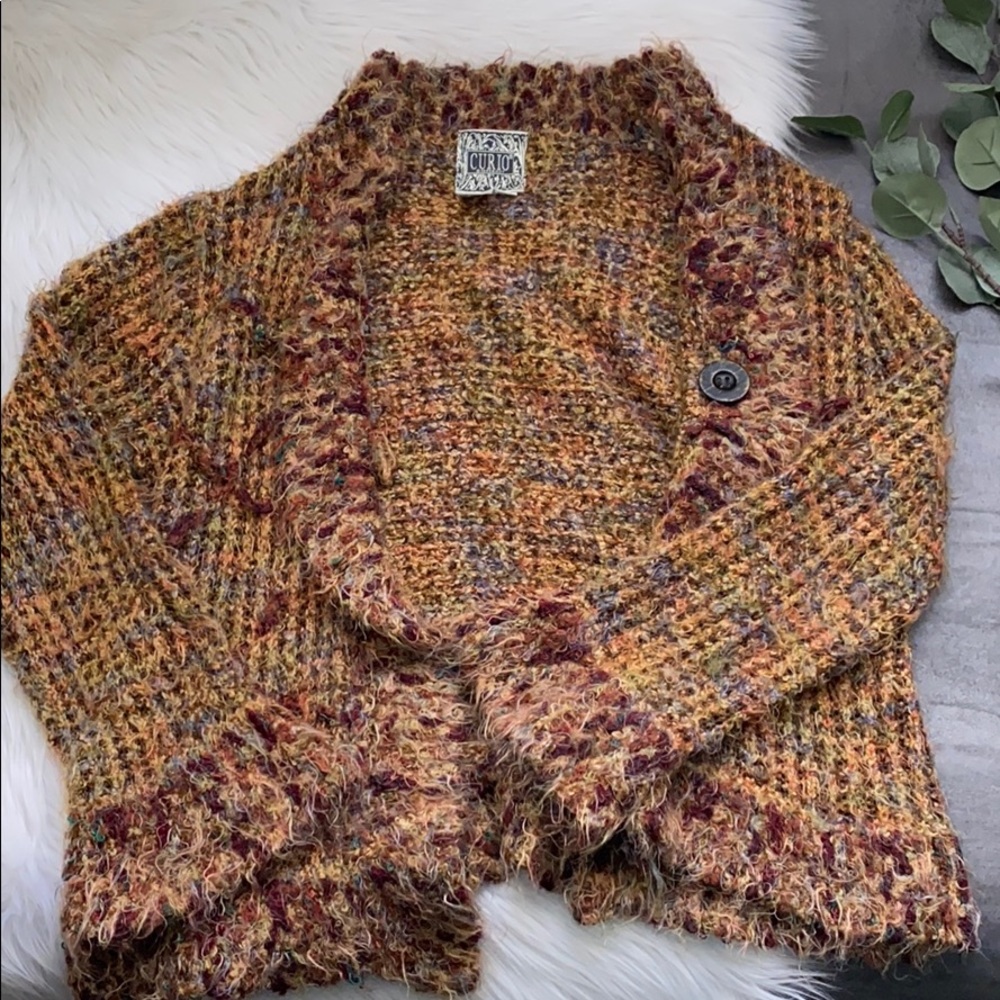 Curio Eclectic Shag Knit Open Cardigan with Button